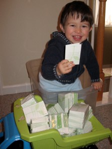 IMG_5627_2 Our littlest one piles up Tender Sapling Activity Tags in his dump truck.