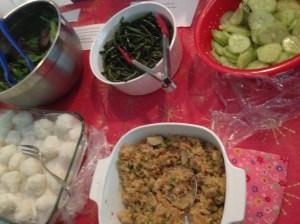 Our rice balls alongside Japanese dishes brought by other families to our Culture Club potluck lunch.