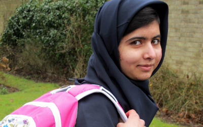 malala with pink backpack